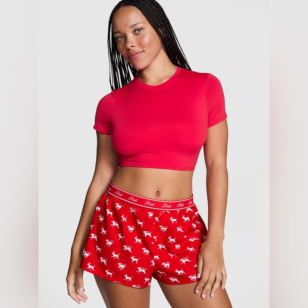 Victoria’s Secret PINK Flannel Boxy Pajama Shorts Bright Vermillion Dogs Medium
